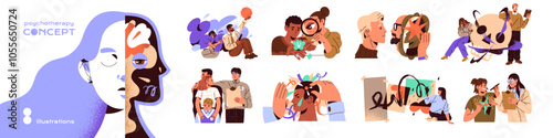 Psychotherapy, psychology concept set. Psychologist supports patients in therapy. Psychotherapist helps people with mental disorders, depression, anxiety. Flat isolated vector illustrations on white