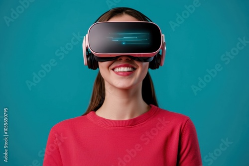 A smiling woman wearing a virtual reality headset, immersed in an interactive digital experience against a vibrant blue background.