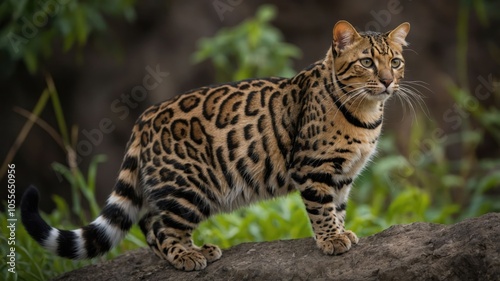 A Bengal cat stands gracefully on a rock amidst lush greenery.