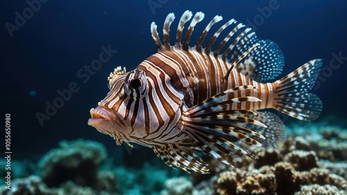 A close-up of a lionfish swimming above coral reefs in clear ocean water.