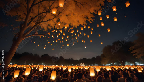 A crowd of people is releasing glowing lanterns into the sky in celebration of Vesak Day. photo