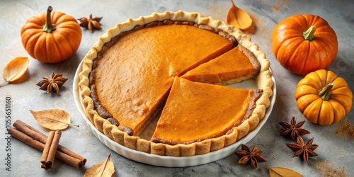 A classic pumpkin pie with a flaky crust, topped with a golden brown filling, surrounded by autumnal accents of cinnamon sticks, star anise, and miniature pumpkins.