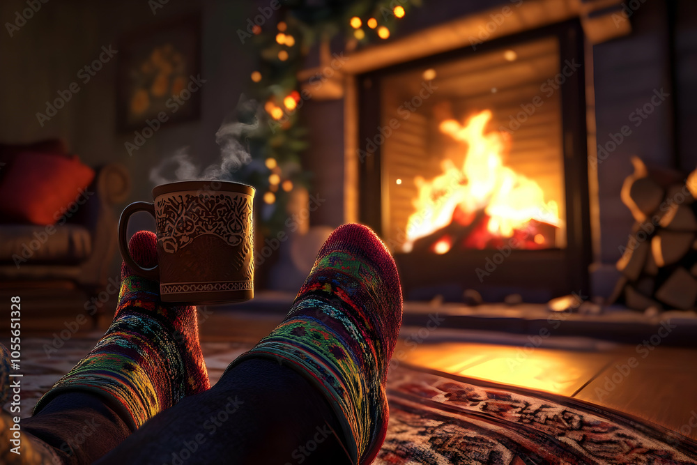 Cozy scene with feet by a fireplace, holding a warm drink, creating a relaxing atmosphere. Cozy scene with feet by a fireplace, holding a warm drink, creating a relaxing atmosphere.