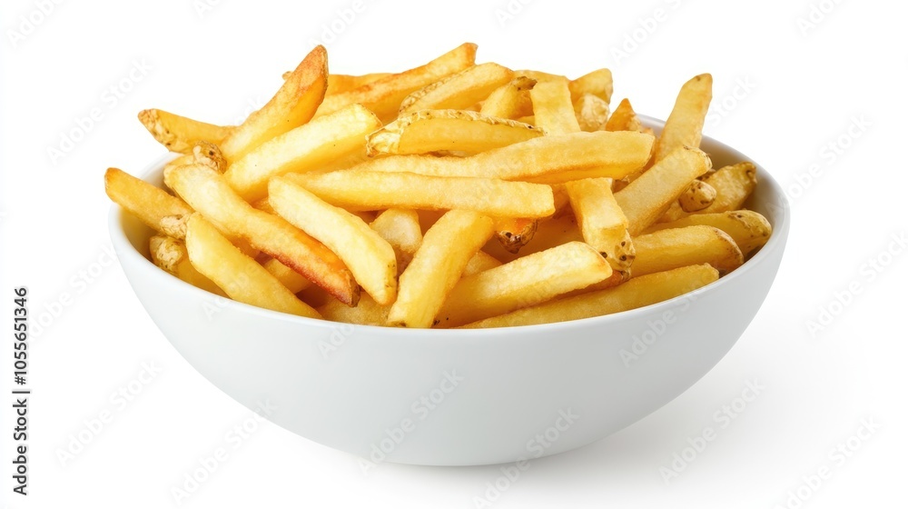 Crispy delicious French fries served in a white bowl against a clean white background in a studio setting Crispy delicious French fries served in a white bowl against a clean white background in a studio setting