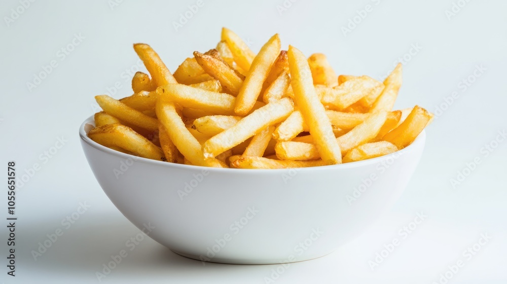 Crispy delicious French fries served in a white bowl against a clean white background in a studio setting Crispy delicious French fries served in a white bowl against a clean white background in a studio setting