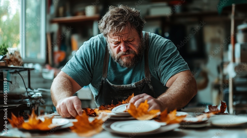 A dedicated potter wearing an apron carefully crafts ceramic plates surrounded by autumn leaves in a cozy workshop filled with pottery tools and natural light. A dedicated potter wearing an apron carefully crafts ceramic plates surrounded by autumn leaves in a cozy workshop filled with pottery tools and natural light.