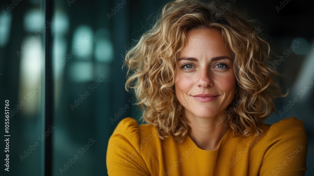 A charming woman in a sleek yellow top smiles warmly, surrounded by soft light and a reflective glass interior, exuding elegance and modern sophistication.