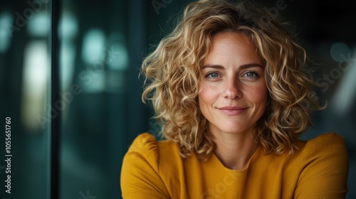 Wallpaper Mural A charming woman in a sleek yellow top smiles warmly, surrounded by soft light and a reflective glass interior, exuding elegance and modern sophistication. Torontodigital.ca