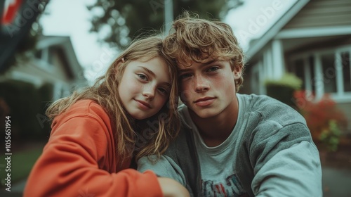 Two young siblings sit together on a street in their neighborhood, wearing casual attire, reflecting a serene and close-knit familial relationship.