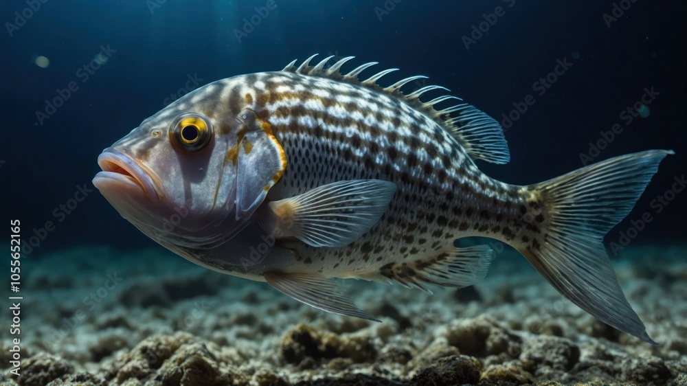 A close-up of a striped fish swimming in a dark underwater environment. A close-up of a striped fish swimming in a dark underwater environment.