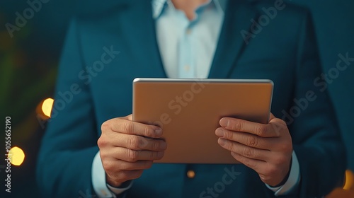 A businessman holding a tablet, showcasing a modern, professional environment with soft lighting and a focus on technology.