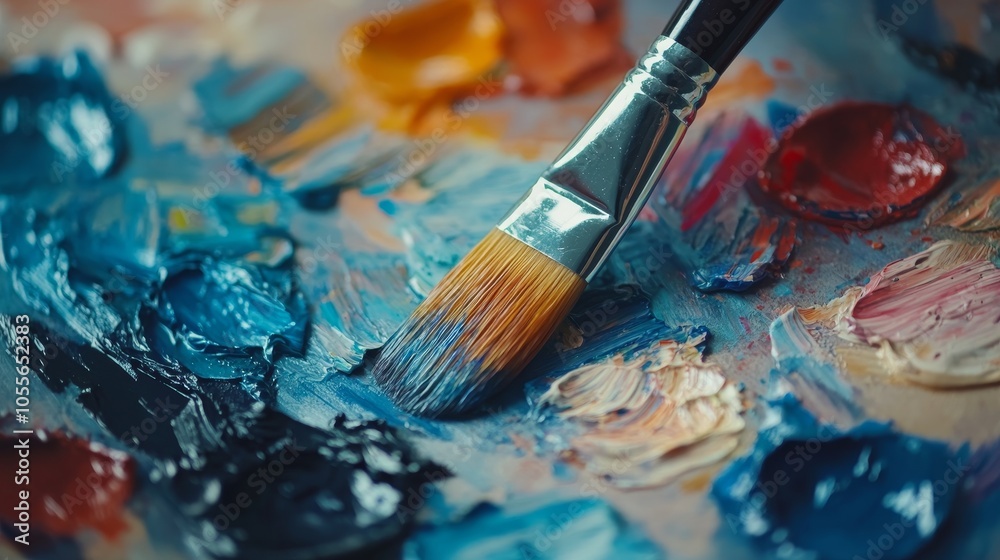 Obraz premium A close-up of a paintbrush mixing vibrant colors on a palette, showcasing artistic creativity.
