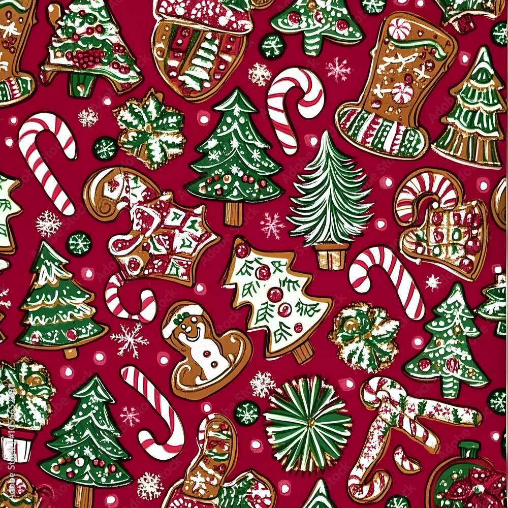 A festive pattern featuring cookies, candy canes, and Christmas trees on a red background. A festive pattern featuring cookies, candy canes, and Christmas trees on a red background.