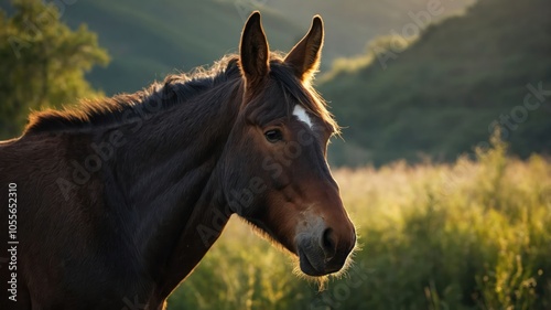 A close-up of a horse in a natural setting during golden hour.