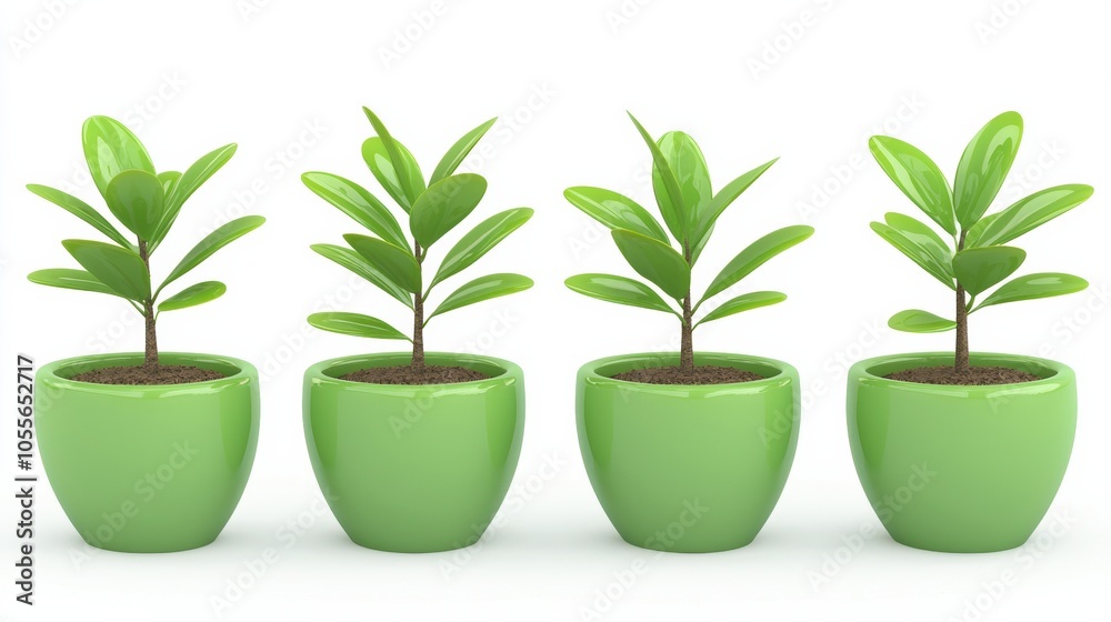 Four vibrant green potted plants display lush leaves, adding a fresh touch to home decor and nature-inspired interiors. Four vibrant green potted plants display lush leaves, adding a fresh touch to home decor and nature-inspired interiors.