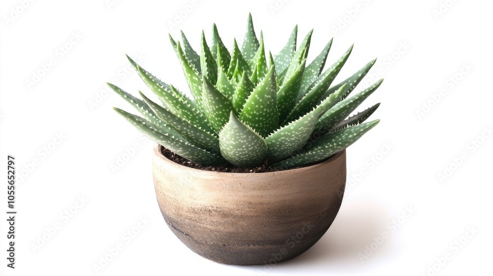 Coral Aloe plant in a pot displayed from the front on a white background Coral Aloe plant in a pot displayed from the front on a white background