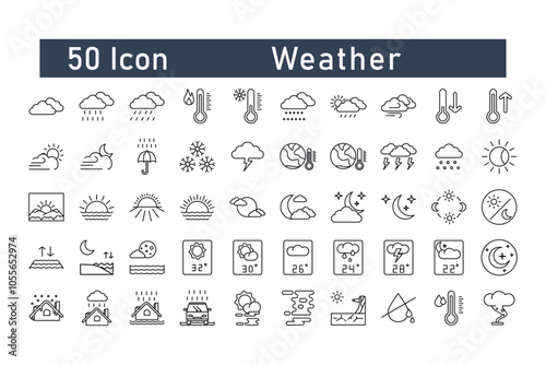 
50 linear weather icon packs. thin line vector low temperature, winter, weather news, no water, pressure, cloud icon, rain, fog, lightning etc. which is suitable for web, mobile and print application