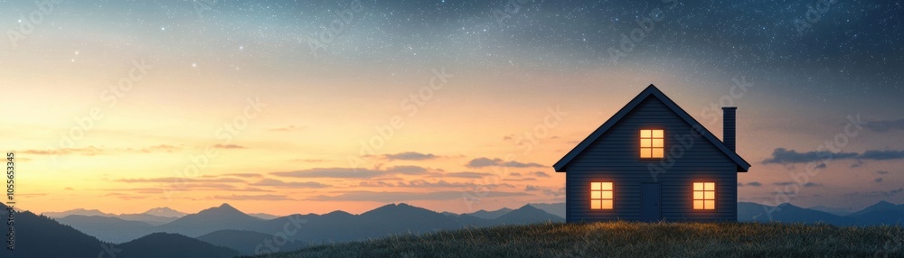 Obraz premium A serene twilight landscape featuring a cozy house with glowing windows, surrounded by mountains under a starry sky, perfect for tranquil imagery.