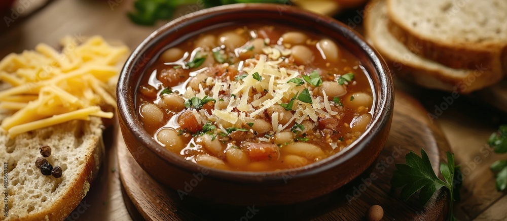 Bean Stock Served With Pork Rinds Grated Cheese Toast And Pepper Bean Stock Served With Pork Rinds Grated Cheese Toast And Pepper
