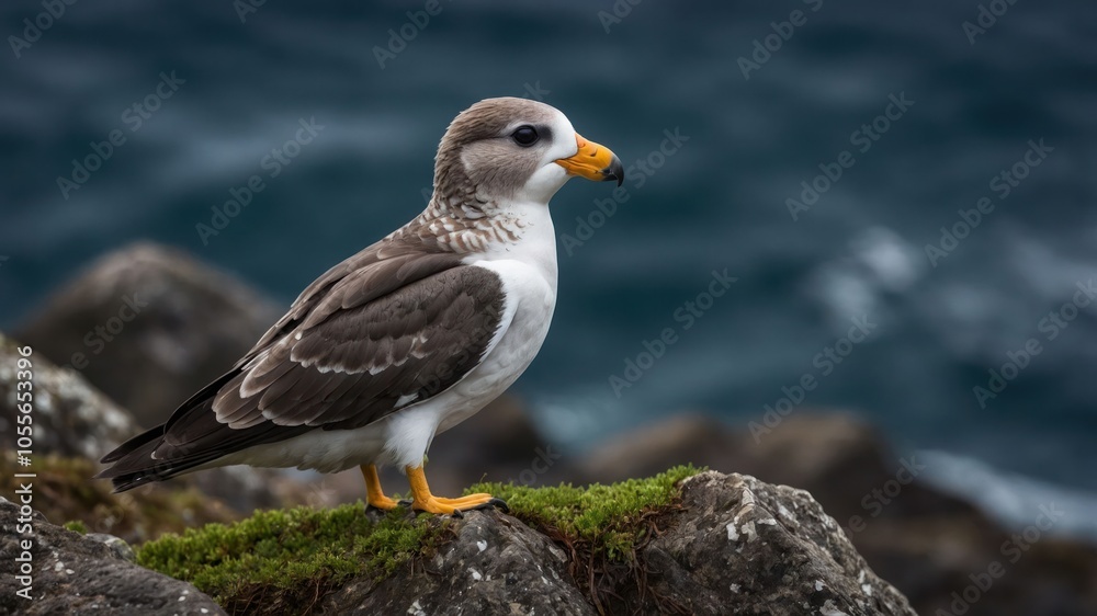 A bird standing on rocks by the sea, showcasing its unique plumage and habitat. A bird standing on rocks by the sea, showcasing its unique plumage and habitat.
