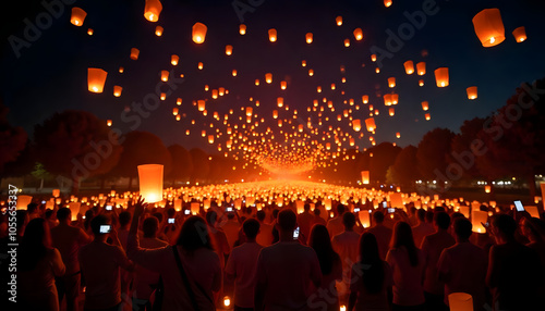 A crowd of people is releasing glowing lanterns into the sky in celebration of Vesak Day. photo