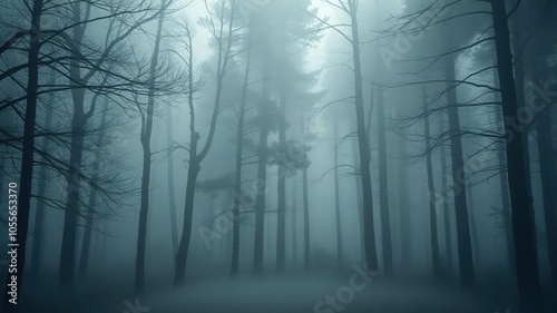 Mysterious misty forest shrouded in fog, creating an ethereal and tranquil atmosphere, moody, serene, quiet