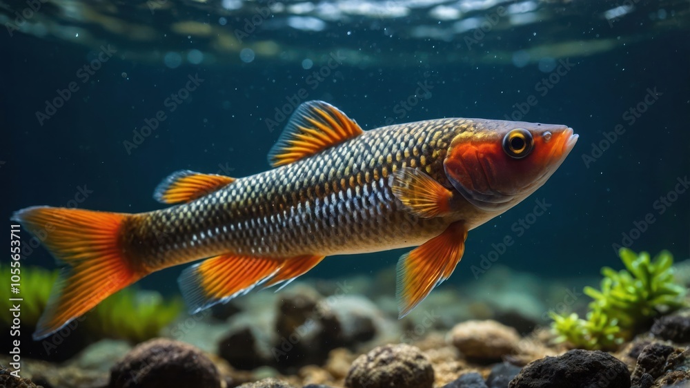 A vibrant fish swimming gracefully in a clear underwater environment. A vibrant fish swimming gracefully in a clear underwater environment.