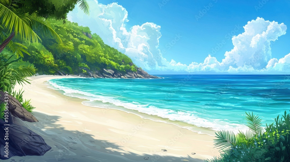A serene tropical beach scene featuring soft sand, lush greenery, and clear blue waters under a bright, inviting sky. A serene tropical beach scene featuring soft sand, lush greenery, and clear blue waters under a bright, inviting sky.