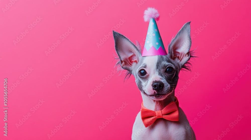 Creative animal concept featuring a Chinese Crested puppy dressed in a party hat and bowtie set against a solid pastel background ideal for birthday party invitations and advertisements Creative animal concept featuring a Chinese Crested puppy dressed in a party hat and bowtie set against a solid pastel background ideal for birthday party invitations and advertisements