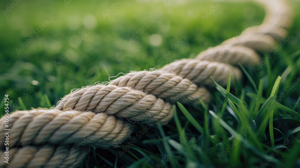 Close up of twisted rope resting on green grass highlighting texture and durability Close up of twisted rope resting on green grass highlighting texture and durability
