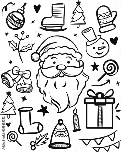 Hand drawing christmast natal doodle vector illustration, Christmas and New Year line set. Black linear holly, cupcake, cup, hat, santa and cookies gift, lollipop candle. Flat cartoon design. New year
