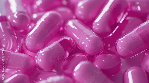 Close up of pink medicine capsules and pills photo
