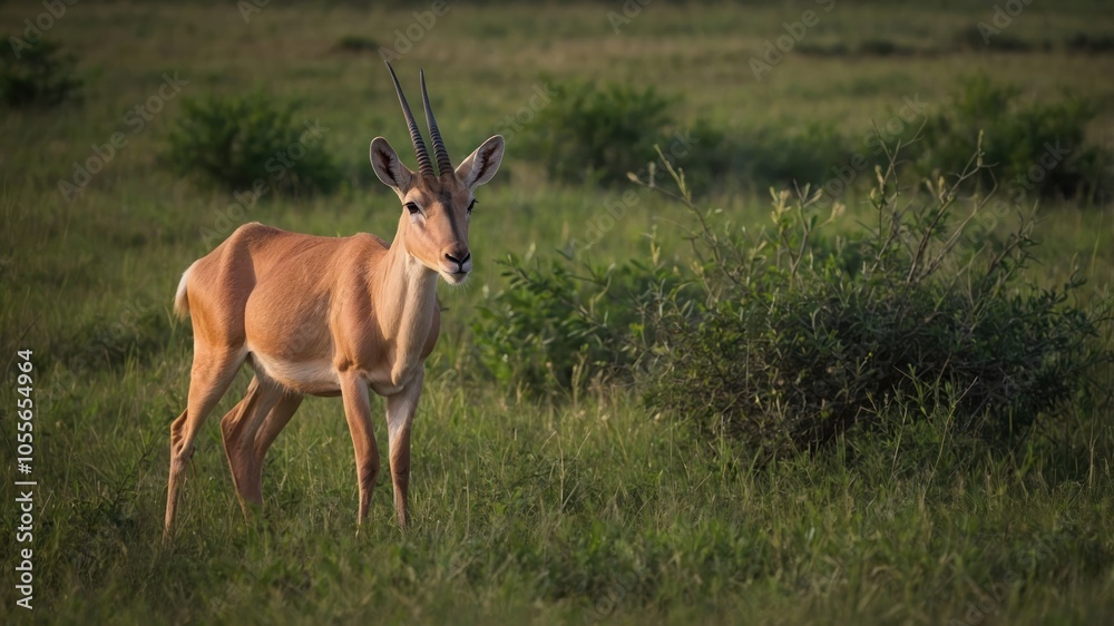 A lone antelope stands gracefully in a lush green field, showcasing nature's beauty. A lone antelope stands gracefully in a lush green field, showcasing nature's beauty.