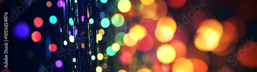 Colorful bokeh lights create a festive and vibrant atmosphere.