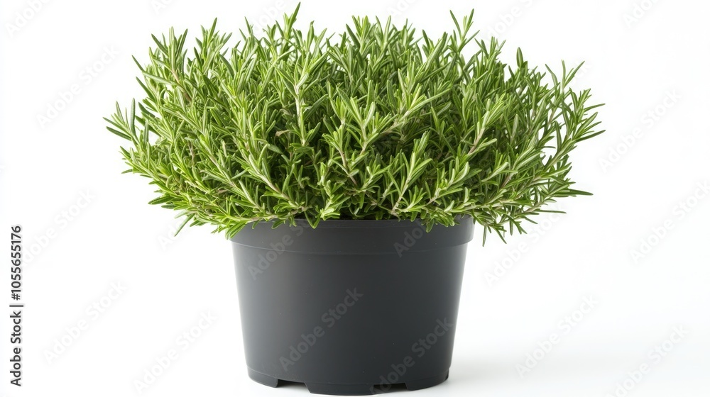 Front view of a potted rosemary plant isolated on a white background Front view of a potted rosemary plant isolated on a white background