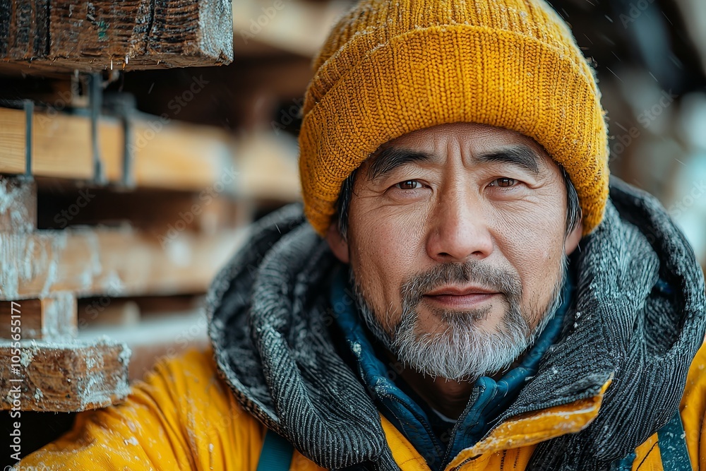 Warmly dressed man in outdoor winter setting with yellow beanie and snowflakes Warmly dressed man in outdoor winter setting with yellow beanie and snowflakes