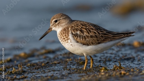 A shorebird foraging along the water's edge in a natural habitat.