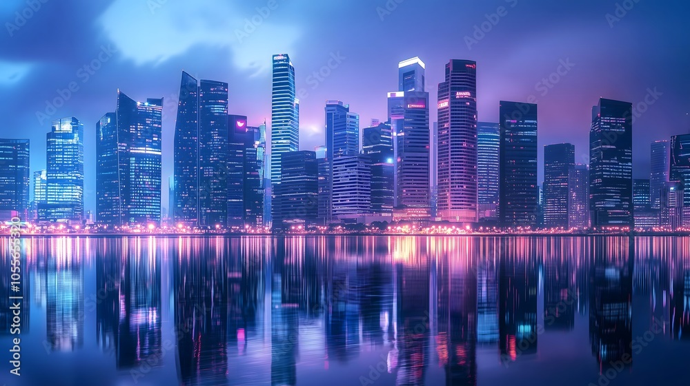 Stunning night skyline of a majestic city embracing modern architecture and urban beauty reflected in water Stunning night skyline of a majestic city embracing modern architecture and urban beauty reflected in water