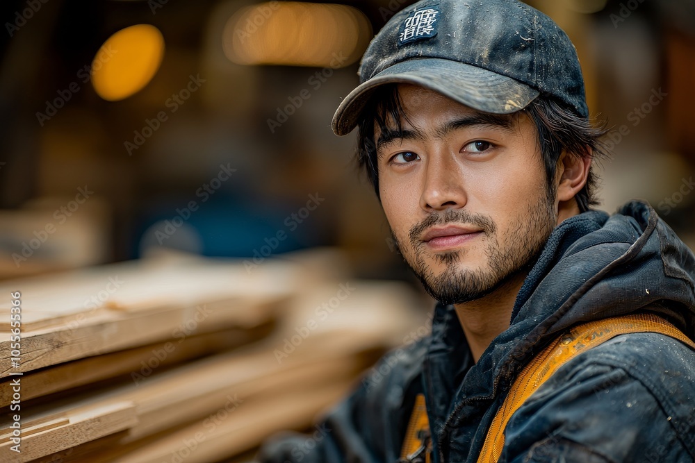 Skilled woodworker in protective gear with lumber in workshop setting Skilled woodworker in protective gear with lumber in workshop setting