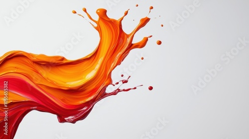 Vibrant abstract painting with lively color splashes, showcasing the dynamic flow of orange and red hues on a clean background.