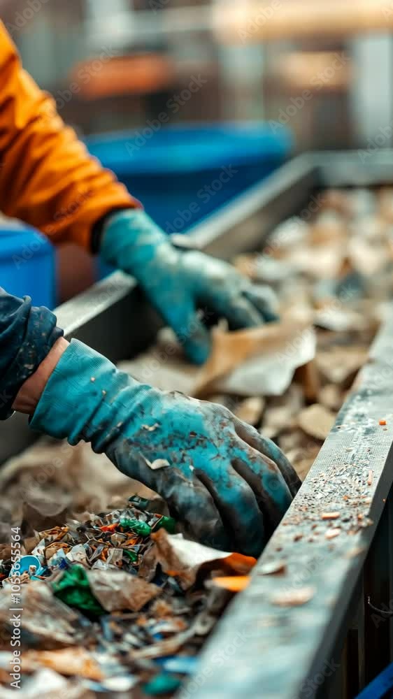 Worker engaged in sorting recyclable materials on a conveyor belt Worker engaged in sorting recyclable materials on a conveyor belt