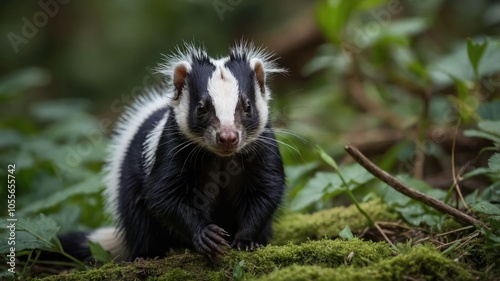 A close-up of a black and white striped animal in a lush green forest setting.