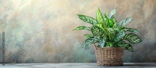 Aglaonema Or Chinese Erergreen In Wicker Basket photo