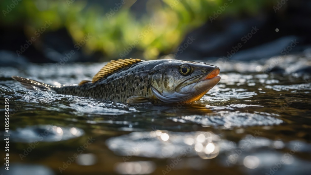 A close-up of a fish swimming in a clear stream, showcasing its vibrant colors and details. A close-up of a fish swimming in a clear stream, showcasing its vibrant colors and details.