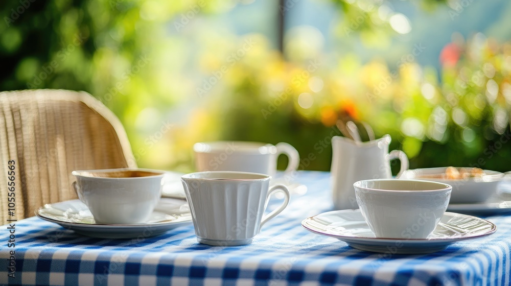 Table set with empty plates and coffee cups adorned with a blue checked tablecloth prepared for breakfast with blurred greenery in the background Table set with empty plates and coffee cups adorned with a blue checked tablecloth prepared for breakfast with blurred greenery in the background