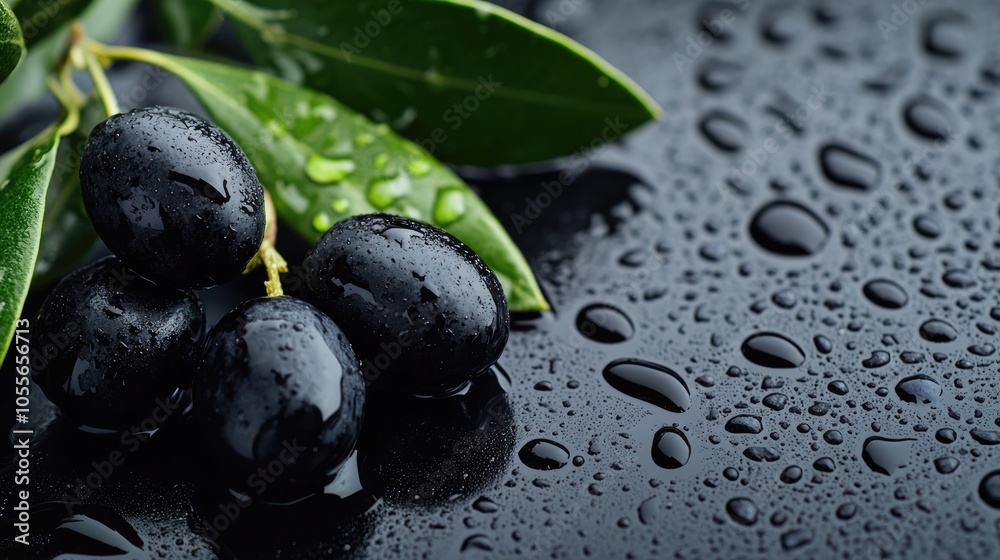 Black olives accompanied by leaves against a backdrop with water droplets Vegetable themed background