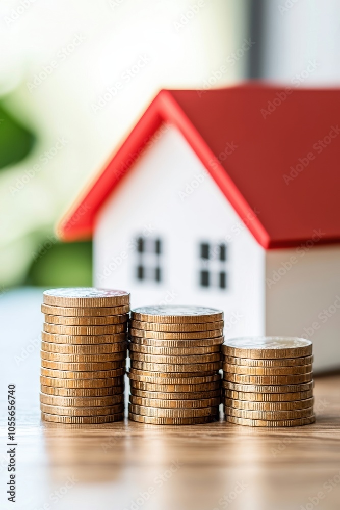 A close-up of stacked coins in front of a model house, representing savings for real estate investment and financial growth. Ideal for financial concepts. A close-up of stacked coins in front of a model house, representing savings for real estate investment and financial growth. Ideal for financial concepts.