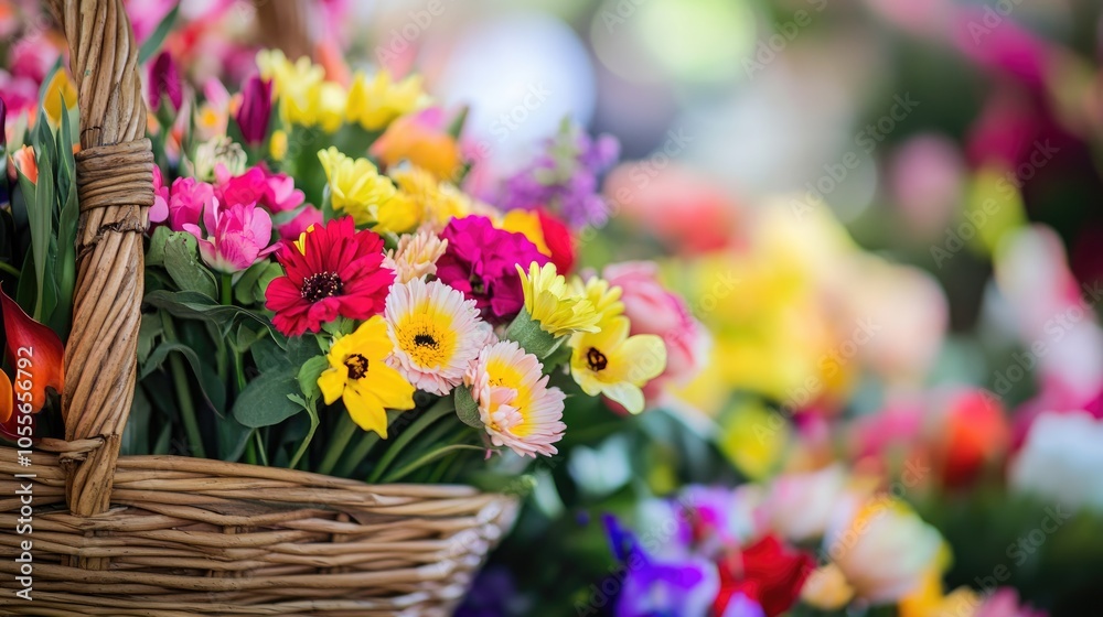 A close up of a basket brimming with vibrant spring flowers prepared for distribution during a festive celebration highlighting the diversity and vivid colors of the blooms A close up of a basket brimming with vibrant spring flowers prepared for distribution during a festive celebration highlighting the diversity and vivid colors of the blooms