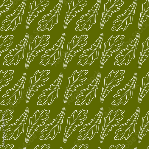 Seamless pattern of arugula lettuce leaf on green background. Hand drawn botanical design for restaurant menu, package, wallpaper. Healthy eating.
