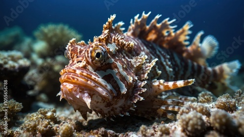 A close-up of a scorpionfish resting on a coral reef in vibrant underwater scenery.